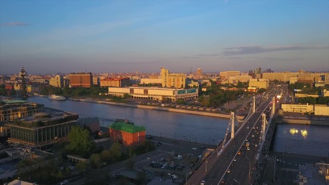 sunset light moscow river famous krymsky bridge traffic aerial panorama 4k russia
