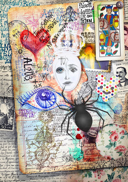 Esoteric graffiti and manuscipts with collages,symbols,draws and scraps