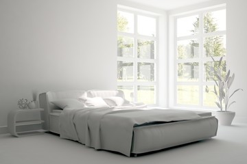 White minimalist  bedroom. Scandinavian interior design. 3D illustration