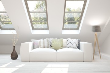 White idea of minimalist room with sofa and green landscape in window. Scandinavian interior design. 3D illustration