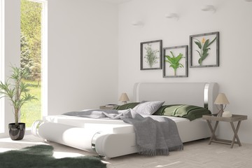 Idea of white bedroom with summer landscape in window. Scandinavian interior design. 3D illustration