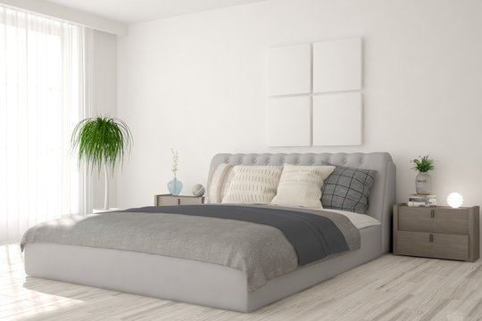 Inspiration of white modern bedroom. Scandinavian interior design. 3D illustration