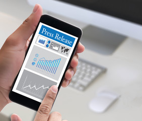 Press Release  concept, Thoughtful male person looking computer