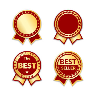 Red ribbon awards best seller label set. Gold ribbon award icons isolated white background. Best quality golden design for badge, medal, best price, certificate guarantee product Vector illustration