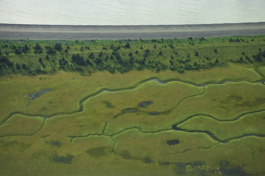 Aerial view of the Silver Salmon Creek river meandering through green meadows, Lake Clark NP, Alaska