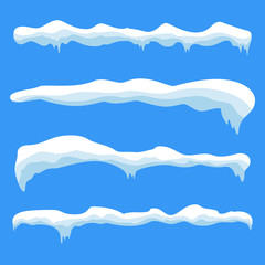 Snow ice icicle set Winter design. White blue snow template. Snowy frame decoration isolated on blue background. Cartoon style. Christmas, New Year frozen ice texture Vector illustration