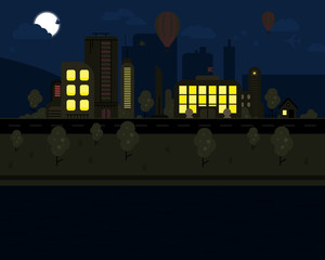 Night Urban Landscape City Real Estate Summer Background Flat Design
