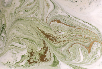 Fototapety  Marbled green and golden abstract background. Liquid marble pattern