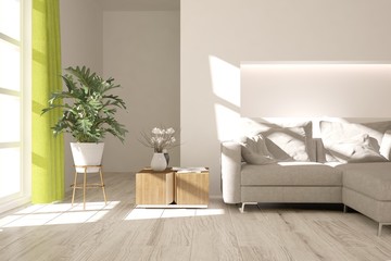 Inspiration of white room with sofa. Scandinavian interior design. 3D illustration