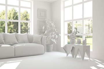 Inspiration of white room with sofa and green landscape in window. Scandinavian interior design. 3D illustration