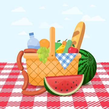 Basket for a picnic with fruit and various food. Vector illustration.
