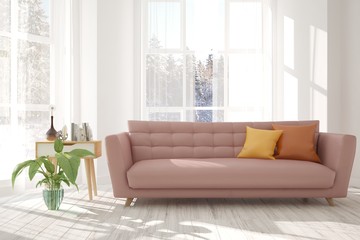 White minimalist room with sofa. Scandinavian interior design. 3D illustration