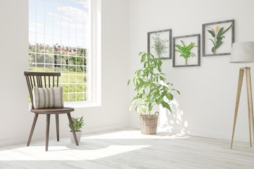 White inspiration of room with chair and summer landscape in window. Scandinavian interior design. 3D illustration