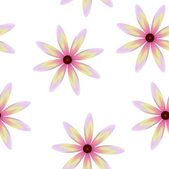 Fototapeta na wymiar Purple yellow pink blossoms, seamless periodic floral pattern, vector flowers, transparent background.