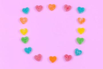 jelly sweet hearts candy on pink background, Concept for Valentines day.