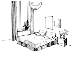 Bedroom- sketch drawing. Vector Bedroom interior.