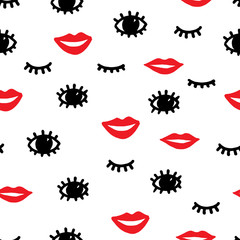 Seamless fashion pattern. Red lips, black eyes and eyelashes on a white background. Summer print for textiles.