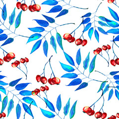 Seamless watercolor pattern with the image of a cluster of berries of mountain ash, viburnum, leaves of mountain ash. In the decorative style. Blue and red color. For various design and decoration.