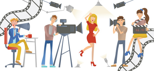 Shooting a movie or a TV show. A director with a loudspeaker, cameramen and an actress or model. Vector illustration, isolated on white.