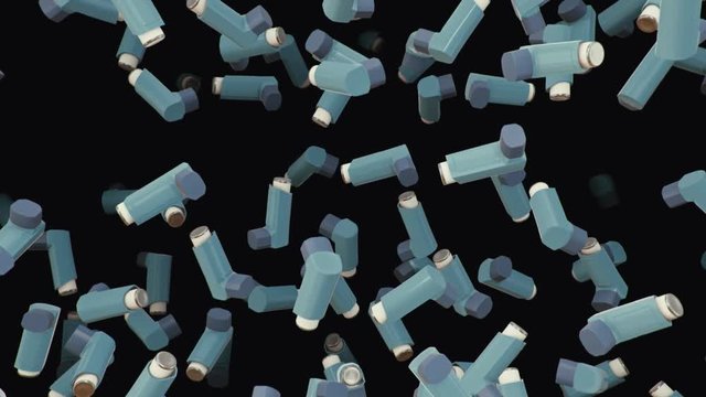 Looping 3d animation featuring falling asthma inhalers against a dark background.
