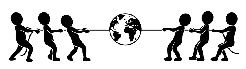 Konkurrenz: Eine Gruppe schwarz-weißer Strichmännchen beim Tauziehen um die Welt / gezeichnet, Vektor, Panorama, freigestellt