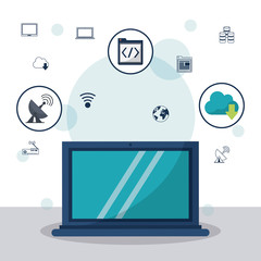 color background with laptop computer in closeup and communication icons and networking icons on top