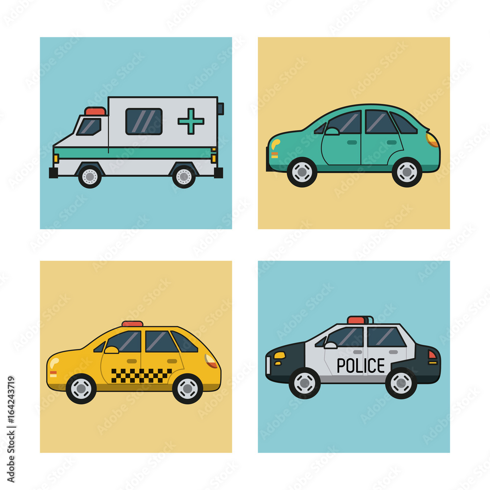 Sticker white background with square set of vehicles of transport ambulance cab police car and automobile