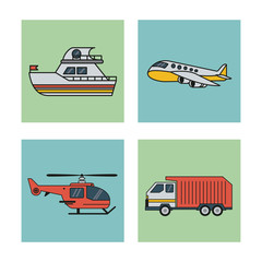 white background with square set of vehicles of transport boat airplane helicopter and truck