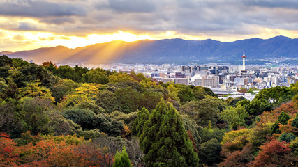 Fototapeta na wymiar Kyoto Town with Kyoto Tower at Sunset