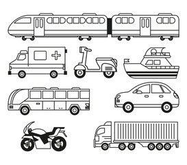 white background with monochrome set of vehicles of transport