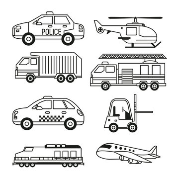 white background with monochrome set of vehicles of public transport and freight and air transport