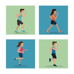 Fototapeta na wymiar white background with squares set of men and women athletes running