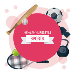 colorful poster of healthy lifestyle sports with round emblem magenta