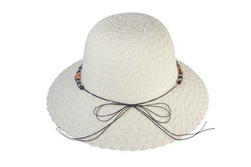 Woven hats decorated with brown leather rope, isolated on a white background.