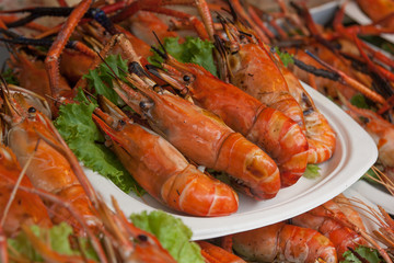 Grilled shrimp in foam box, Ready to eat, for sell in bangkok market.