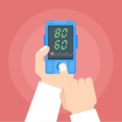 Doctor checking heart rate. Pulse oximeter in hands. Vector illustration.