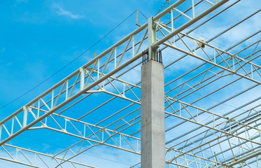 concrete column and roof steel truss in construction site