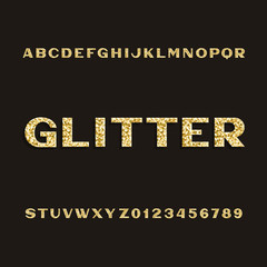 Golden glitter alphabet font. Type letters and numbers. Stock vector typeset for your design.