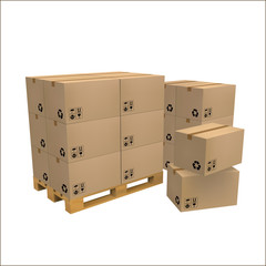 Brown carton delivery packaging box with fragile signs on wooden pallet isolated on white background vector illustration.