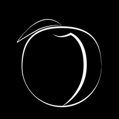 Peach fruit with leaf on a black background. Black fruit with white stroke. Vector illustration.