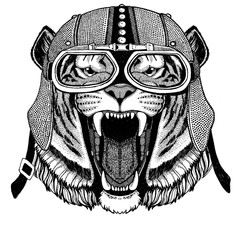 Wild tiger Motorcycle, biker, aviator, fly club Illustration for tattoo, t-shirt, emblem, badge, logo, patch - obrazy, fototapety, plakaty