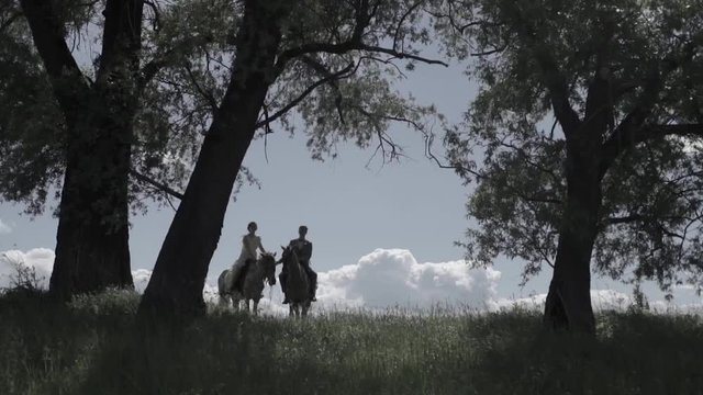 Young couple riding a brown horse at countryside at summer. Young couple in love riding a horse. Young couple riding a brown horse at countryside at summer in the mountains with blue sky and pine tree