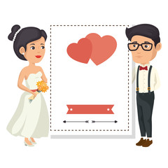 frame with wedding couple icon over white background colorful design vector illustration