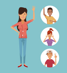 blue background with colorful woman in closeup and friends in round frames posing