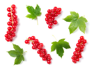 Ripe and juicy red currant with leaves isolated on white background, top view