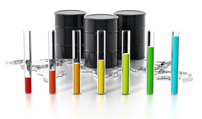 Oil barrels, world map and sale lines. 3D illustration