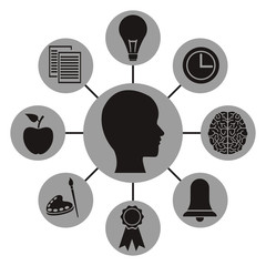 white background with monochrome profile head human connected to icons academic knowledge around