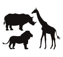 Fototapeta na wymiar white background with set black silhouette of wild african animals