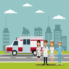 city landscape scene with ambulance truck and team specialist doctor