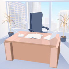Boss office with chair and desk against the windows with city view. Work place with notebook and laptop vector illustration
